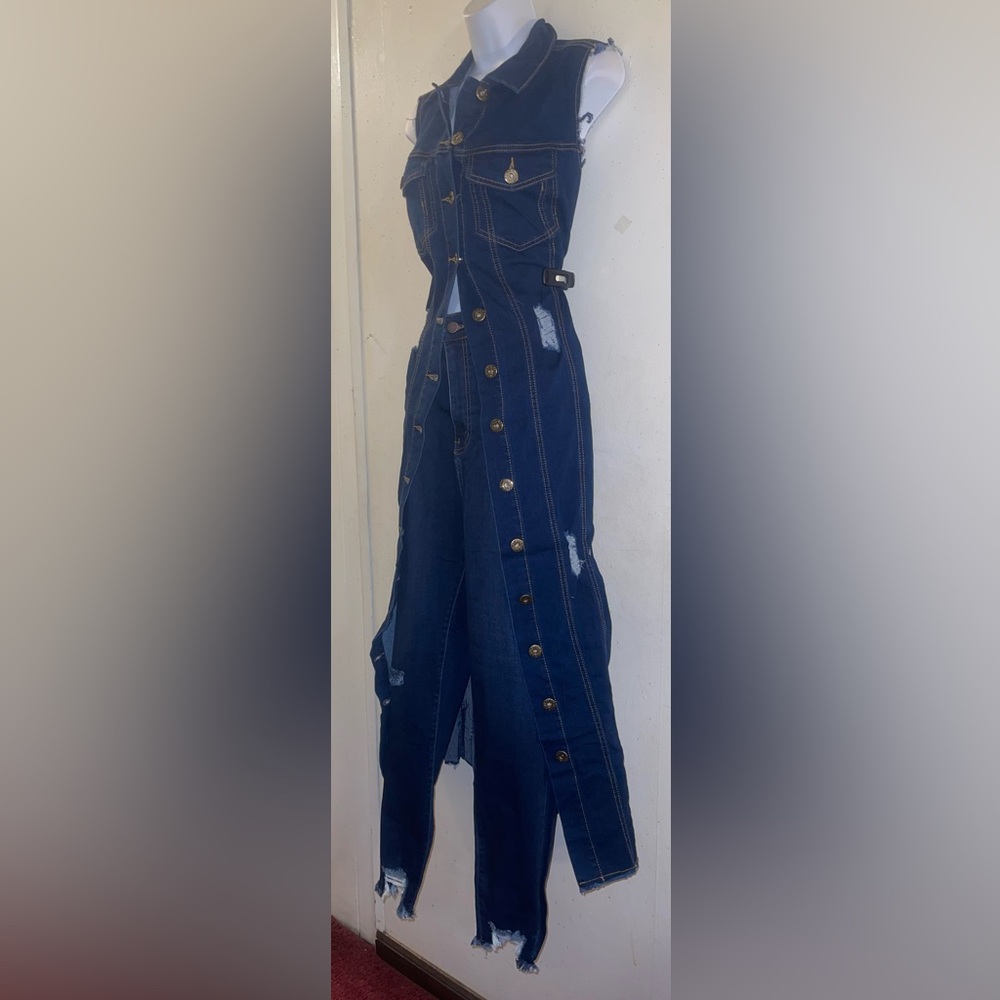 Denim Distressed Maxi Vest with Button Front and Matching Distressed Jeans - Picture 5 of 7